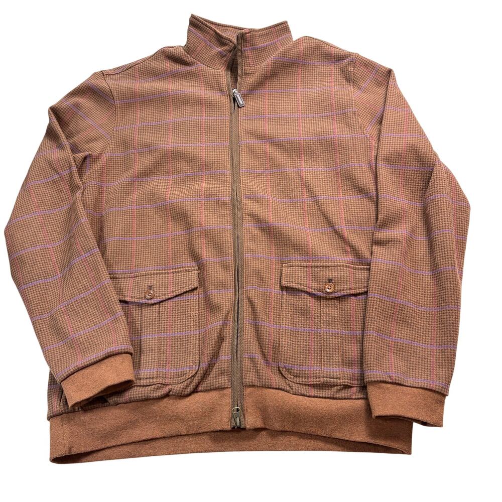 Bobby Jones Mens brown plaid houndstooth full zip jacket. Size L. Golf, Casual